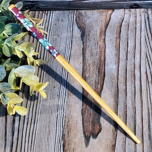 Japanese Flower Print Tortoise Shell Bamboo Hair Stick Plum Blue Pink - Picture 2 of 7